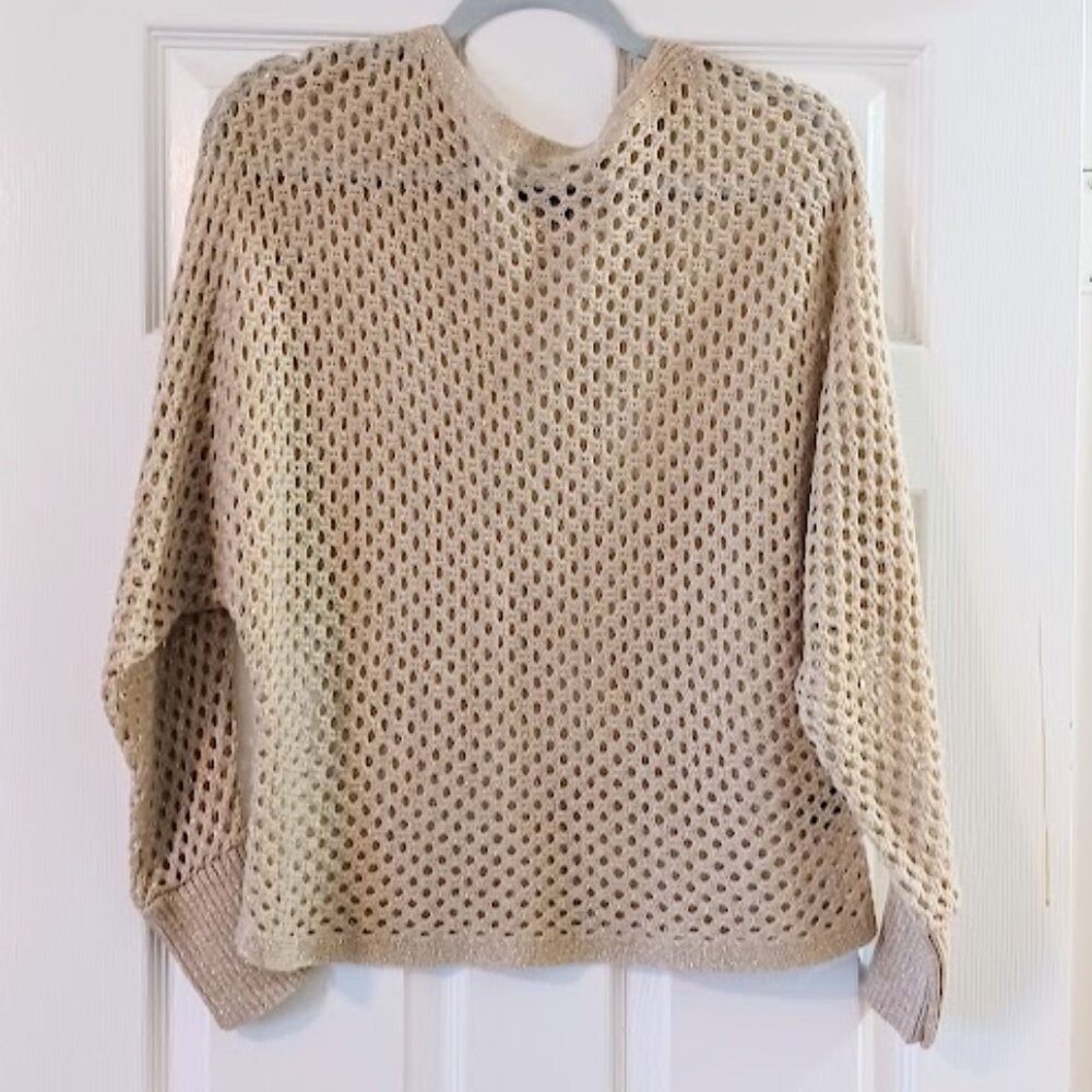 APT 9 Tan Crochet Hollow out scoop neck long sleeve top w/gold sparkles size XL - Picture 1 of 10